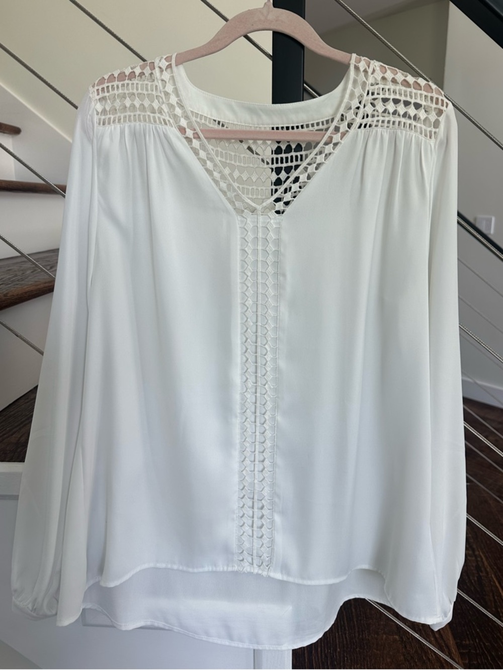 White House Black Market White Crochet Yoke V-Neck Long-Sleeve Blouse